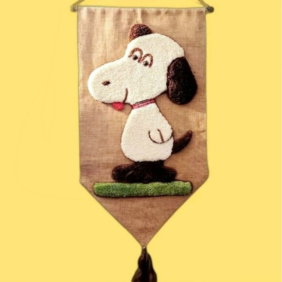 Vintage Handmade 3D Snoopy Wall Tapestry 1970s Collectible Burlap Carpet Wood